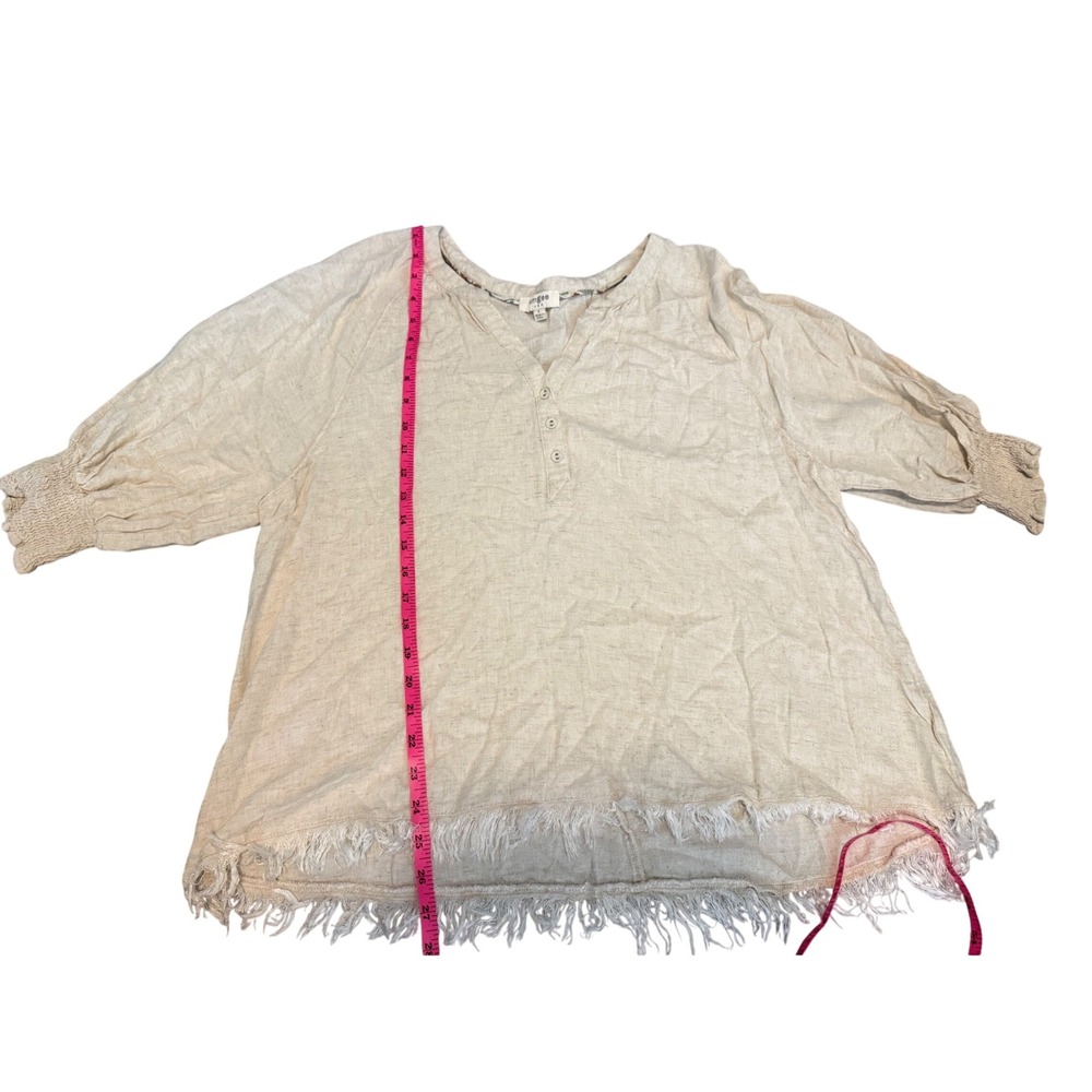 Umgee Linen Blend Henley Blouse Beige Boho Frayed Fringe Hem Smocked Sleeve L - Picture 5 of 7